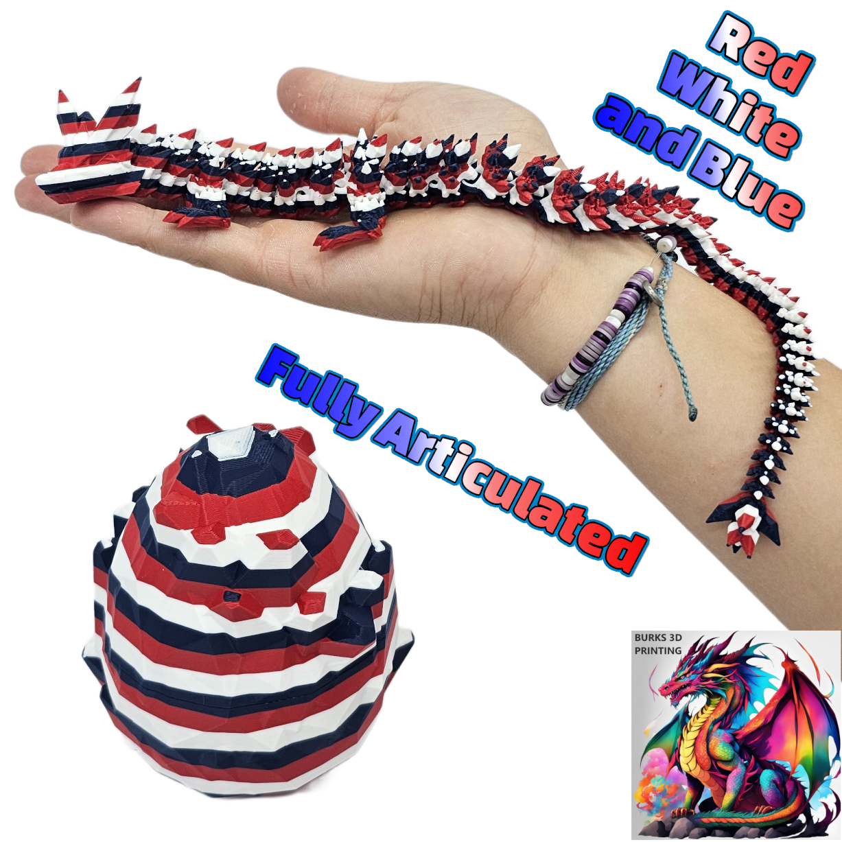 13" Striped Crystal Dragon, Multiple Colors, 3D Printed Articulated Dragon Desk Fidget, Pink, White, Grey, Blue, Orange, Red, Black, Yellow, Green, Purple, Magenta, Silver Gift for Men and Women