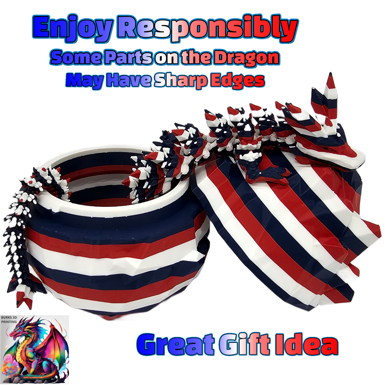 13" Striped Crystal Dragon, Multiple Colors, 3D Printed Articulated Dragon Desk Fidget, Pink, White, Grey, Blue, Orange, Red, Black, Yellow, Green, Purple, Magenta, Silver Gift for Men and Women