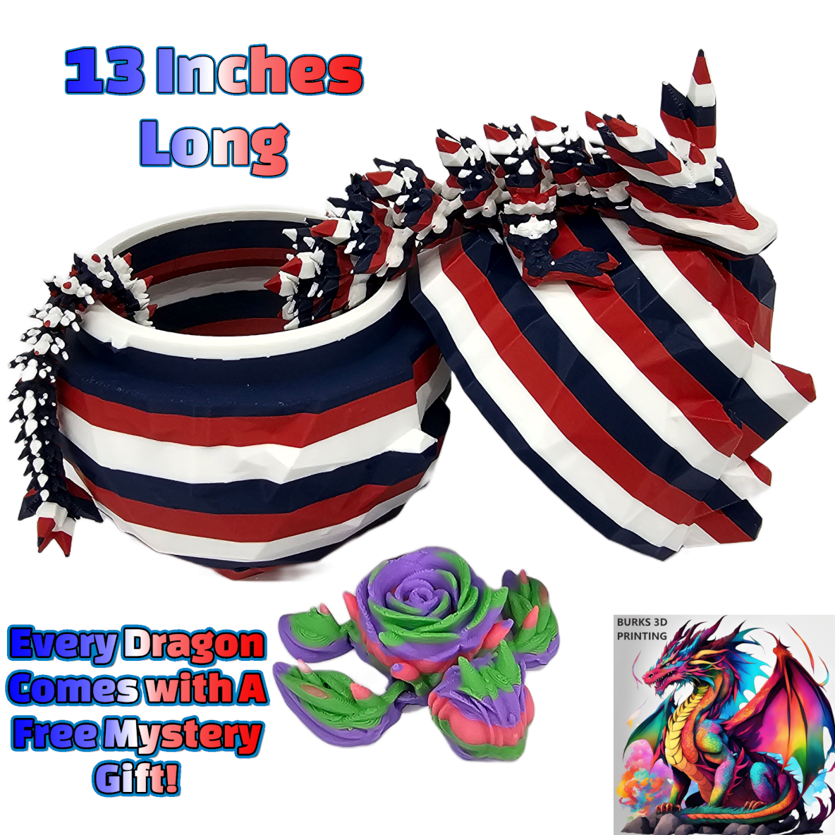 13" Striped Crystal Dragon, Multiple Colors, 3D Printed Articulated Dragon Desk Fidget, Pink, White, Grey, Blue, Orange, Red, Black, Yellow, Green, Purple, Magenta, Silver Gift for Men and Women