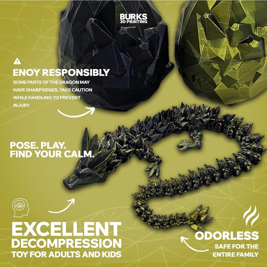13 Inch Crystal Dragon with Matching Egg, 3D Printed Fully Articulated Desk Fidget, Perfect Gift for Men or Women
