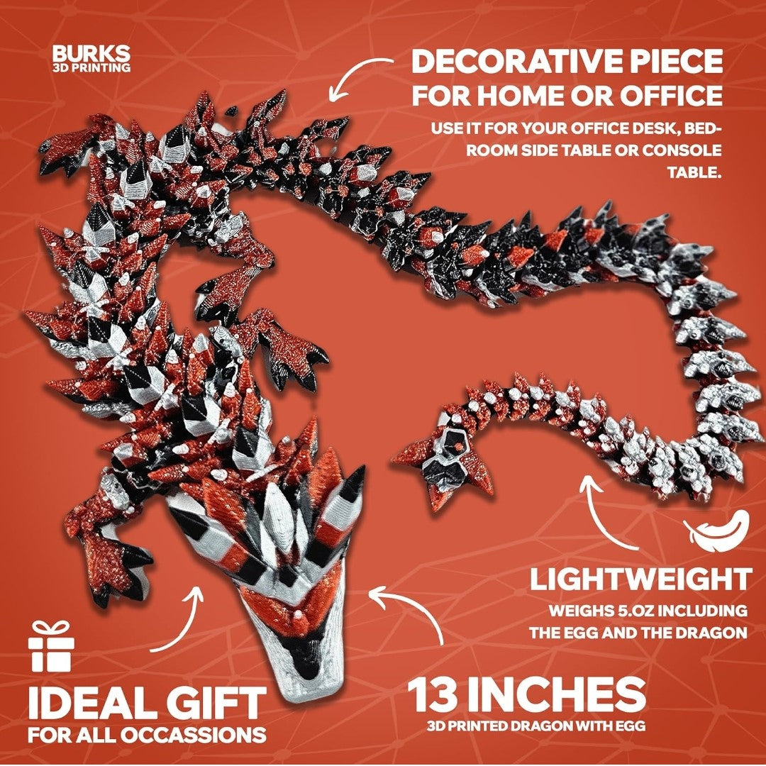 13" Striped Crystal Dragon, Multiple Colors, 3D Printed Articulated Dragon Desk Fidget, Pink, White, Grey, Blue, Orange, Red, Black, Yellow, Green, Purple, Magenta, Silver Gift for Men and Women