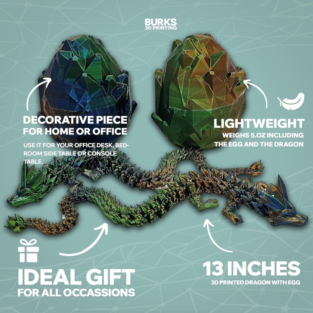 13 Inch Crystal Dragon with Matching Egg, 3D Printed Fully Articulated Desk Fidget, Perfect Gift for Men or Women