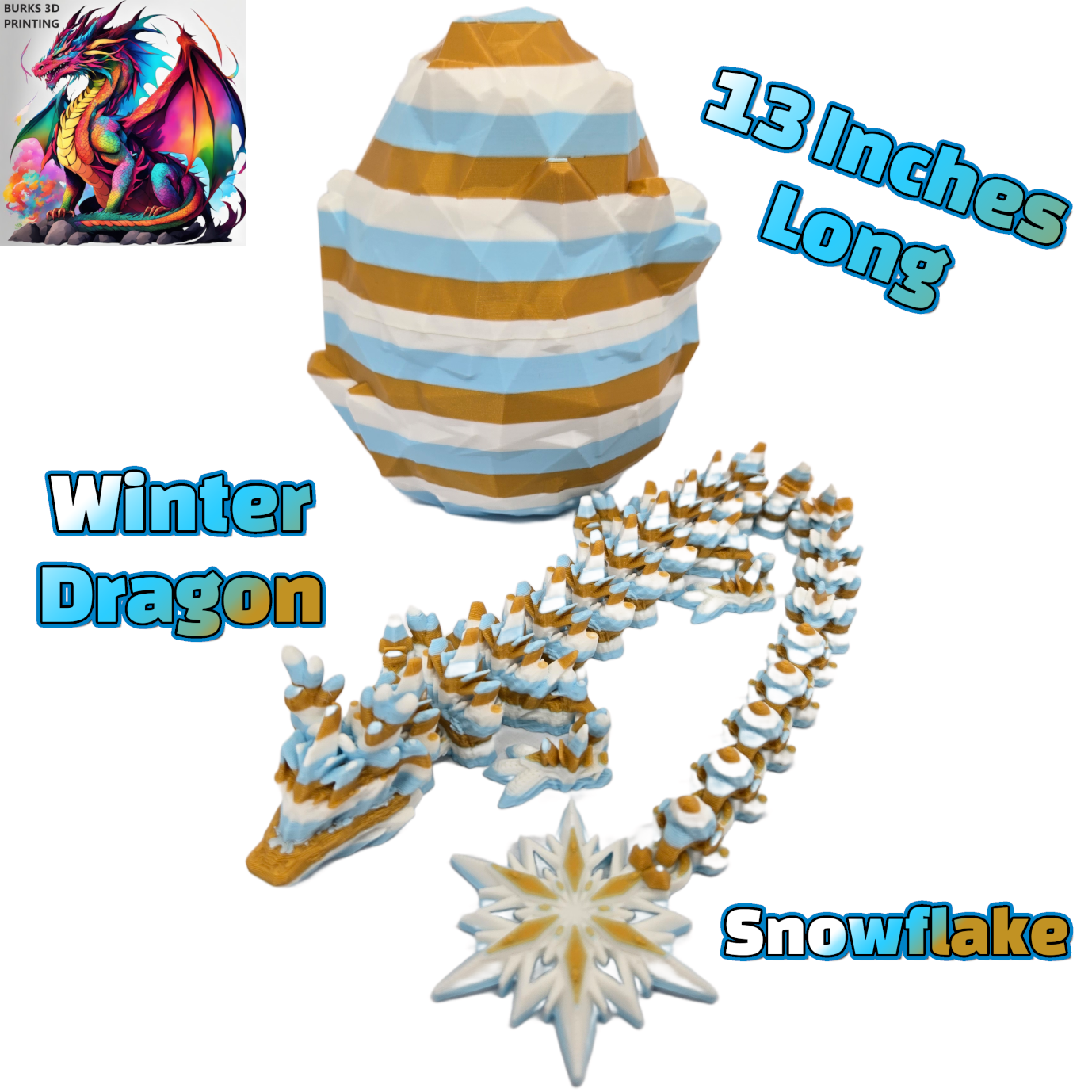3D Printed Dragon Fidget with Locking Egg, 13" 3D Crystal Dragon Eggs with Winter Snowflake Dragon Inside, Fully Articulated Dragon 3D Printed with PLA, Dragon Gift for Men and Women for Christmas