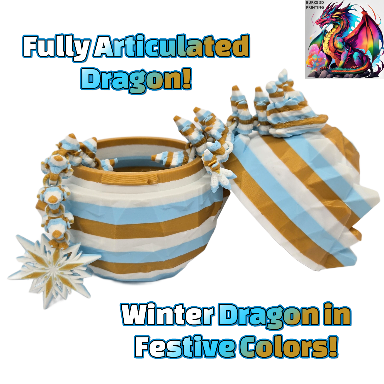 3D Printed Dragon Fidget with Locking Egg, 13" 3D Crystal Dragon Eggs with Winter Snowflake Dragon Inside, Fully Articulated Dragon 3D Printed with PLA, Dragon Gift for Men and Women for Christmas