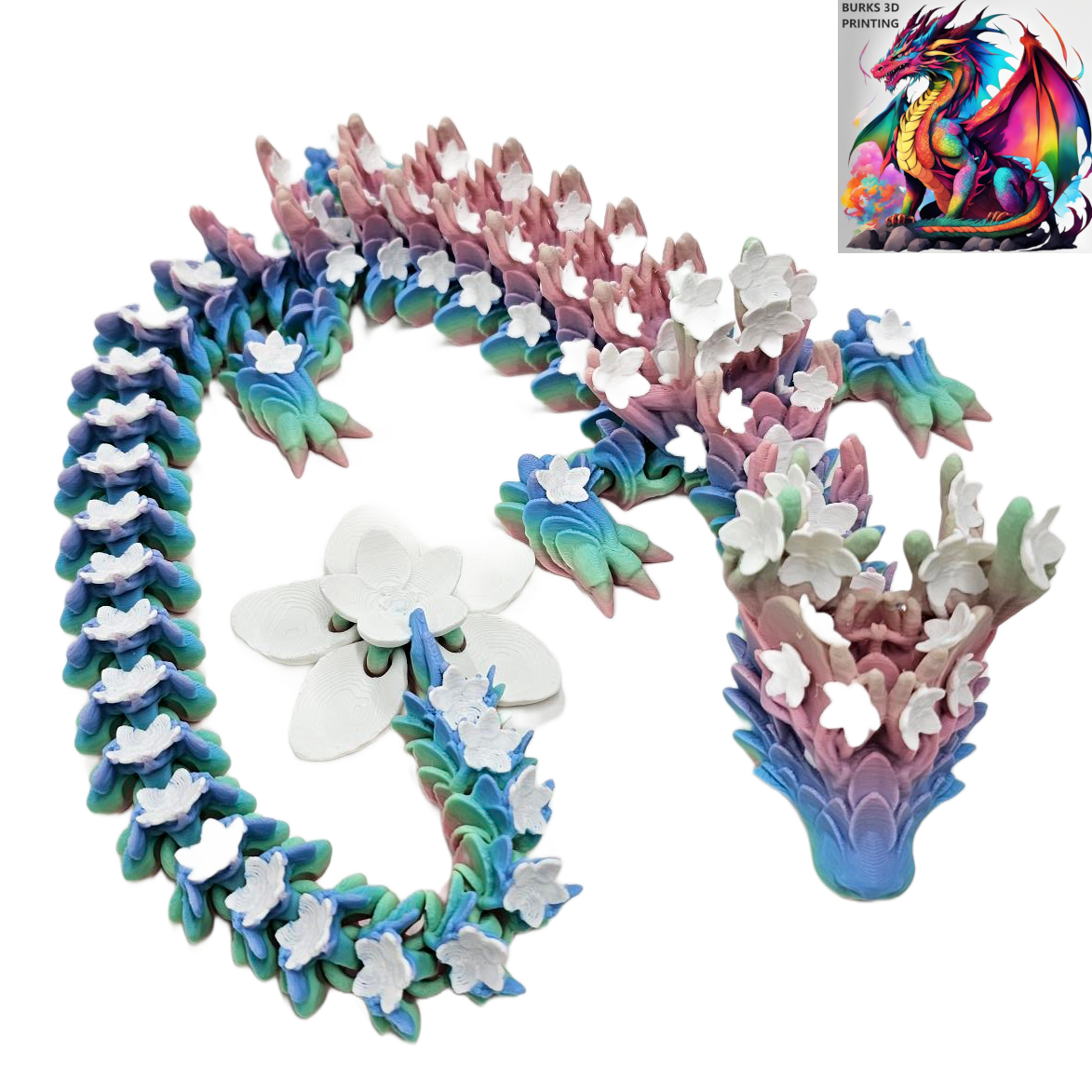 Cherry Blossom Dragon, 3D Printed Dragon Fidget 2ft Long. Fully Articulated Dragon 3D Printed Desk Fidget Gift for Men and Women