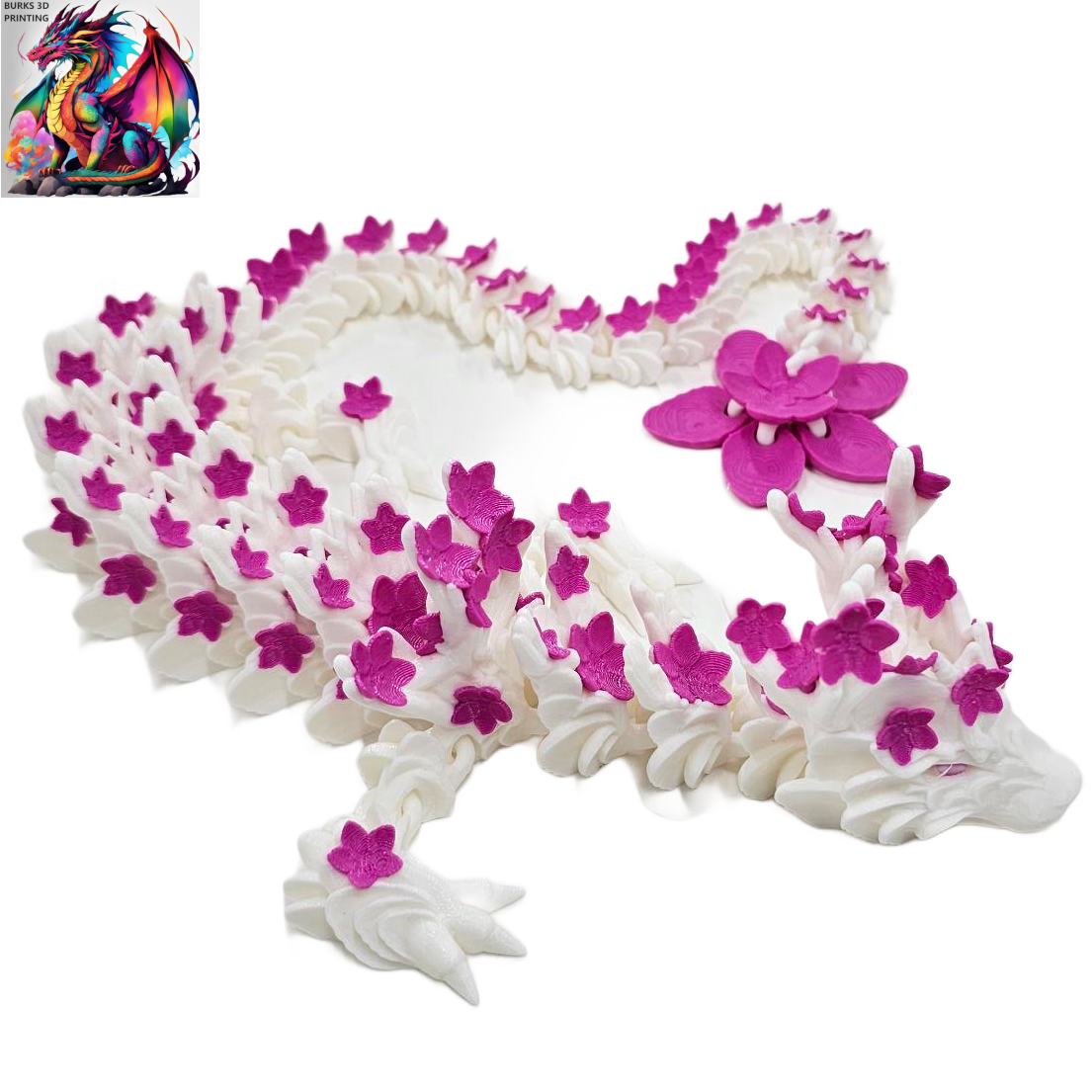 Cherry Blossom Dragon, 3D Printed Dragon Fidget 2ft Long. Fully Articulated Dragon 3D Printed Desk Fidget Gift for Men and Women