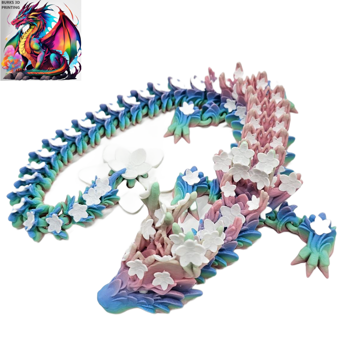 Cherry Blossom Dragon, 3D Printed Dragon Fidget 2ft Long. Fully Articulated Dragon 3D Printed Desk Fidget Gift for Men and Women