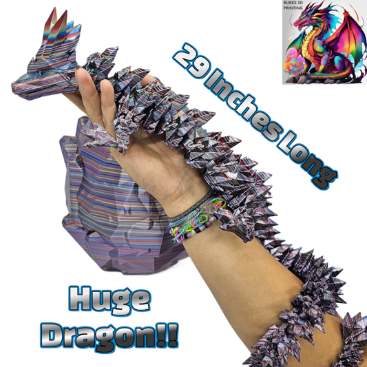 XXL Striped Crystal Dragons with Matching Eggs, Fully Articulated Sensory Gift for Men and Women, 3D Printed Desk Fidget, Almost 30 Inches Long