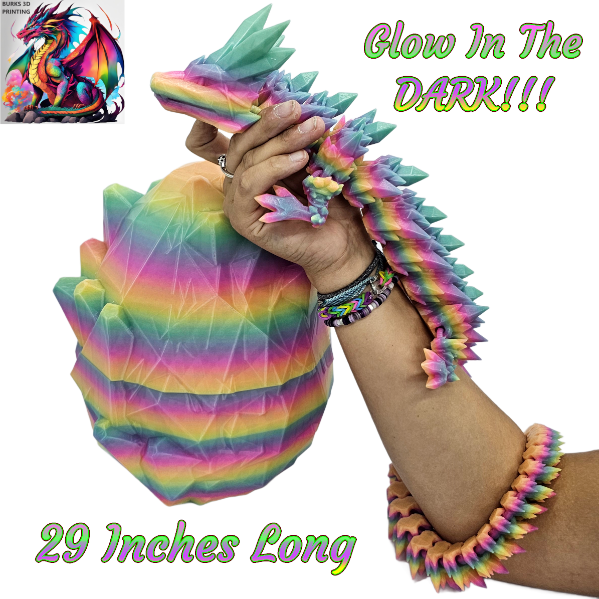 XXL Glow In The Dark Crystal Dragon Almost 30" 3D Printed Dragon With Matching Crystal Dragon Egg  Articulated Dragon Desk Fidget Great Gift